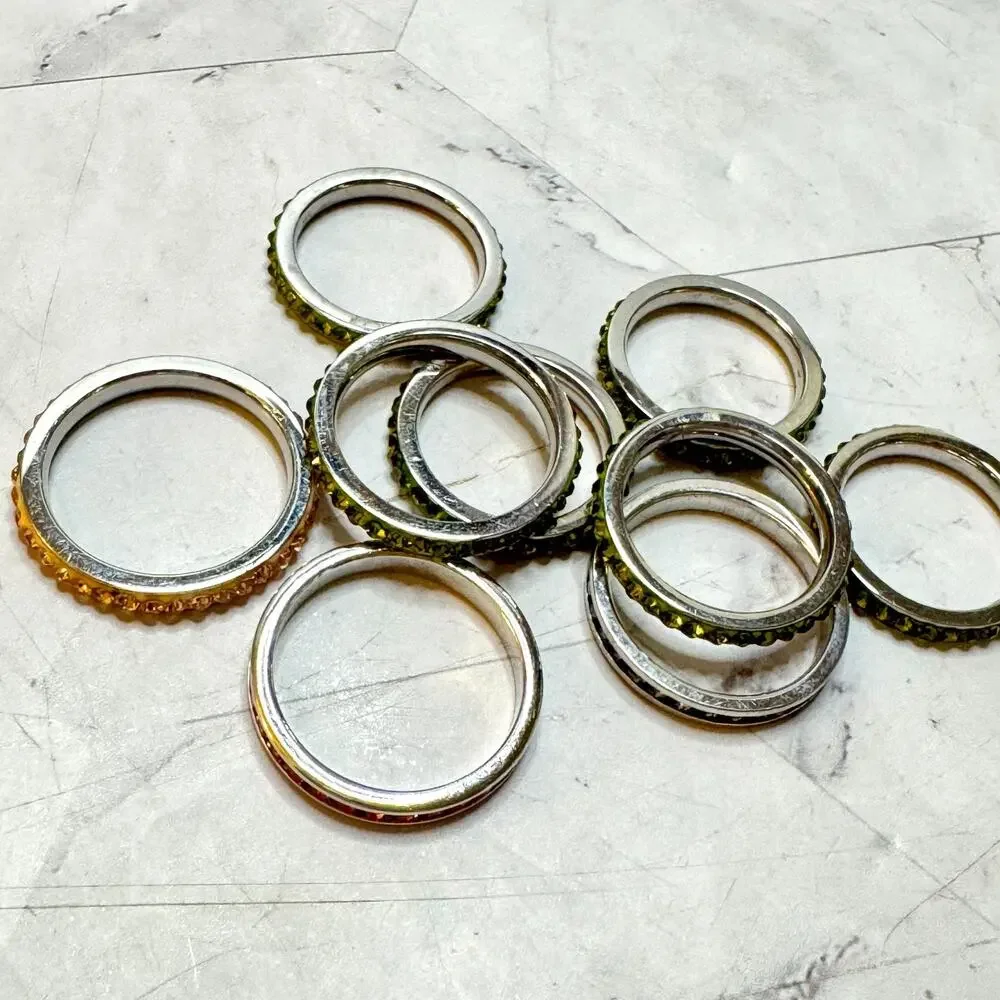 Lot of 9 Crystal Eternity Bands Green Lavender Pink Stacking Channel Set Various